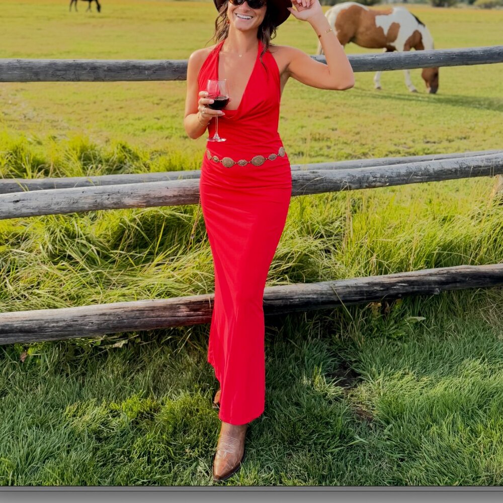 RED ZARA DRAPED HALTER MAXI DRESS SMALL